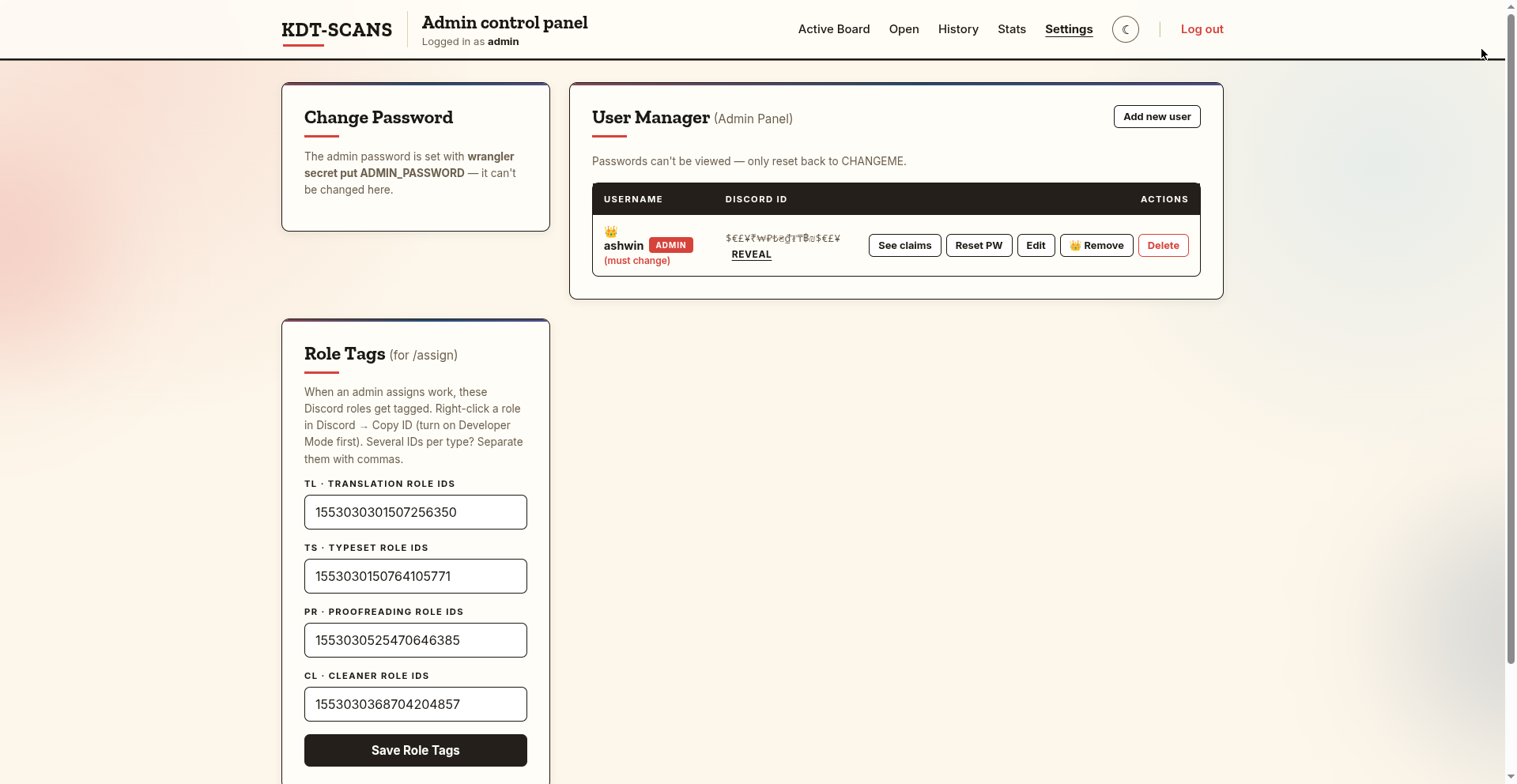 Admin settings — user manager and role tags
