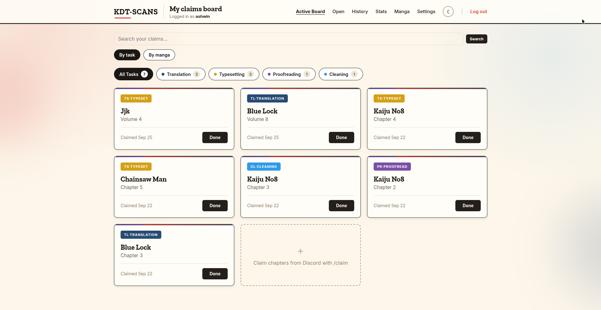 My claims board — task view